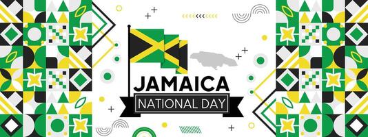 Jamaica nacional día bandera con mapa, bandera colores tema antecedentes y geométrico resumen retro moderno colorido diseño vector