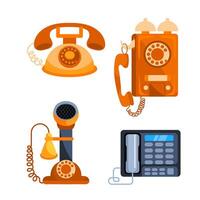 Phone evolution from old vintage telephones, cellphone. Various old wire phones for call. vector