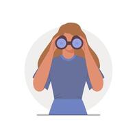 Young woman looking through binoculars and looking for new business teams, ideas, goals, opportunities, employees or strategy. Flat cartoon isolated illustration vector