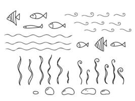 Set of Underwater elements. Different Fishes, Seaweeds and Stones, laminaria algae and Sea Waves isolated on background. Hand drawn illustration in Doodle style. Marine underwater design elements. vector