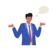 Businessman in suit wondering with speech bubbles. Surprised shocked male character design in a questioned pose. Flat cartoon isolated illustration vector