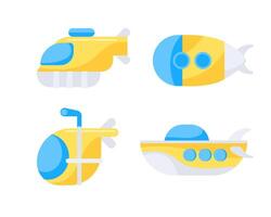 Submarines set. Underwater boat, ship. Sea vehicles with periscope. vector