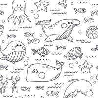 Seamless Pattern with whales, dolphin, octopus, crab and fishes on black background with ocean aquatic animals. Perfect for wallpaper, wrapping paper vector