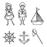 Marine Set of little Sailor Boy and Girl, cute Ship, Boat and Steering wheel. Anchor and Fishing Net isolated illustration in Doodle style. Nautical sketch. vector