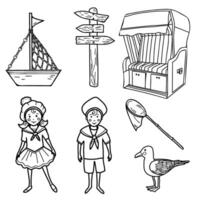 Marine Set of little Sailor Boy and Girl, cute Ship, Boat and Fishing Net. Hooded beach Chair from Baltic or north Sea, Germany, wooden Signpost and cute Seagull isolated illustration in Doodle style. vector