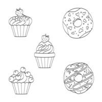 Set with sweets, simple donuts and cupcakes with decoration and cream. Black outline on white background, sweet sketch, Doodle, cute illustration. vector