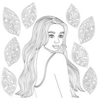 Beautiful girl with long hair and leaves. Black outline, sketch, line art for coloring, logo, avatars. vector