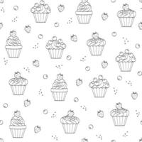 Seamless pattern with strawberry and blueberry cupcakes. Black outline on white, sketch, Doodle, illustration for textiles, coloring books and candy store decor. vector