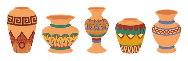 Colored ceramic vases set. Porcelain vase for flowers, antique pottery, floral and abstract patterns. Vase pottery for decoration. Trendy flat style isolated on white illustration vector