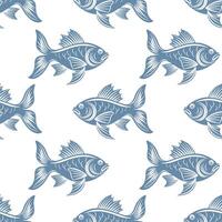 Seamless pattern, silhouettes of sea fish with waves on a white background. Print, textile vector