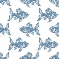 Seamless pattern, silhouettes of sea fish with waves on a white background. Print, textile vector