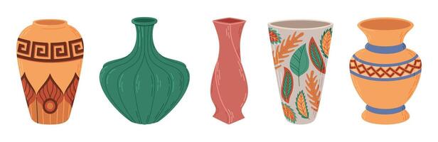 Colored ceramic vases set. Porcelain vase for flowers, antique pottery, floral and abstract patterns. Vase pottery for decoration. Trendy flat style isolated on white illustration vector