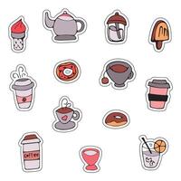 illustration of a set of food stickers. Cups of coffee, kettle, donuts, ice cream, cocktail. vector