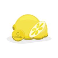 An illustration of a yellow lemon and lemon slices with a vitamin C icon on a white background. vector