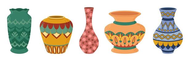 Colored ceramic vases set. Porcelain vase for flowers, antique pottery, floral and abstract patterns. Vase pottery for decoration. Trendy flat style isolated on white illustration vector