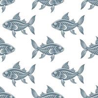 Seamless pattern, silhouettes of sea fish with waves on a white background. Print, textile vector