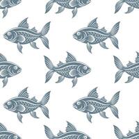 Seamless pattern, silhouettes of sea fish with waves on a white background. Print, textile vector