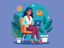 a woman using a laptop surrounded by business icons, minimal style flat cartoon colored illustration vector