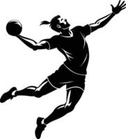balonmano jugador en acción, ataque cerrar en saltando silueta ilustración. vector