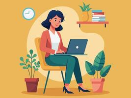 a woman using a laptop surrounded by business icons, minimal style flat cartoon colored illustration vector