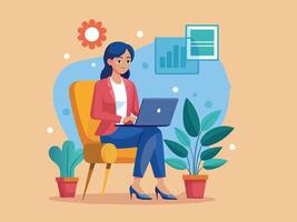 a woman using a laptop surrounded by business icons, minimal style flat cartoon colored illustration vector