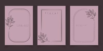 Set of frame templates in minimal linear style with hand drawn magnolia flower. Elegant floral line art border for for labels, wedding invitation, logo save the date, beauty or cosmetic industry. vector