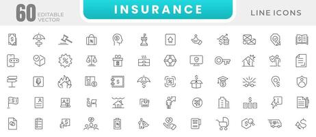 Insurance thin line icons set. Life, medical, car, travel, house, healthcare, money and social insurance thin line icon pack. Outline icons collection. vector