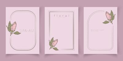 Set of frame templates in minimal linear style with hand drawn magnolia flower. Elegant floral line art border for for labels, wedding invitation, logo save the date, beauty or cosmetic industry. vector