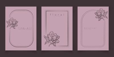 Set of frame templates in minimal linear style with hand drawn magnolia flower. Elegant floral line art border for for labels, wedding invitation, logo save the date, beauty or cosmetic industry. vector