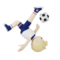 3d karakter Amerikaans voetbal speler het schieten de bal terwijl jumping png