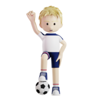 Football joueur avec une Balle en dessous de le sien pied et clochard poing en haut 3d personnage png