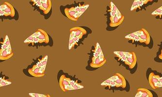 Pizza slice seamless pattern with shadow. brown background. vector