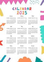 2025 table yearly calendar week start on Sunday with shape that use for vertical digital and printable A4 A5 size vector