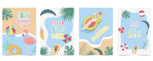 fiesta verano hora tarjeta postal con piscina y playa para vertical a4 diseño vector