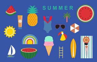 verano objeto con sandía, piña, sol, playa.ilustración para tarjeta postal vector