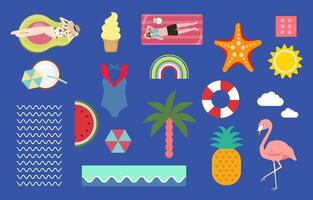 verano objeto con sandía, piña, sol, playa.ilustración para tarjeta postal vector