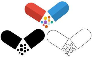 conjunto medicina pastillas cápsula icono símbolo plano diseño ilustración vector