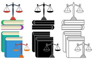 conjunto libros con escala de justicia iconos ley educación símbolo plano diseño ilustración vector
