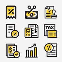 sencillo conjunto de impuesto relacionado línea íconos en amarillo color. contiene tal como dinero informe, interesar tasa, impuesto regreso y más. vector