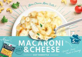 Delicious macaroni ads with cheese in 3d illustration, spoon with macaroni and cheese over a plate on wooden table vector