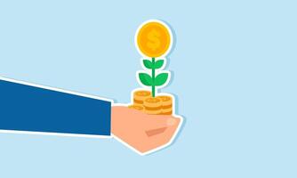 Growth in investments, prosperity or enhanced earnings from savings, mutual funds, or profit-making opportunities, concept of businessman investor's hand holds a money flower growing from a pile coins vector