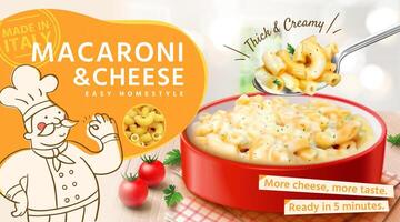 sabroso macarrones y queso anuncios en 3d ilustración, cuenco de macarrones y queso con cuchara vector
