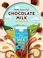 Chocolate milk ad with paper cut farm and splashing milk, 3d illustration vector