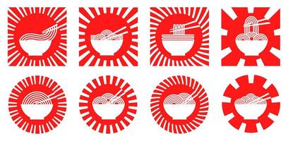 Set rising sun ramen icon. Japanese noodles logo illustration vector