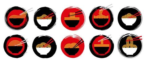 Set Japanese ramen menu icon symbol. Noodles logo grunge design symbol illustration vector