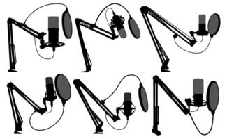 set condenser microphone silhouette icon. studio voice recorder for Podcast design illustration vector