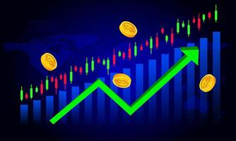 green arrow up with coins and candlestick chart Stock Market Finance Technology vector