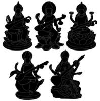 conjunto diosa saraswati silueta icono. vasant panchami puja símbolo diseño vector