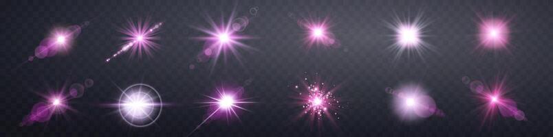 Pink lens flares set. Sun flash with rays or spotlight and bokeh. Glow flare light effect. vector