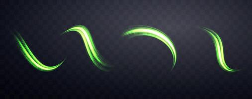 Glowing green lines set. Neon realistic energy speed. Abstract light effect vector
